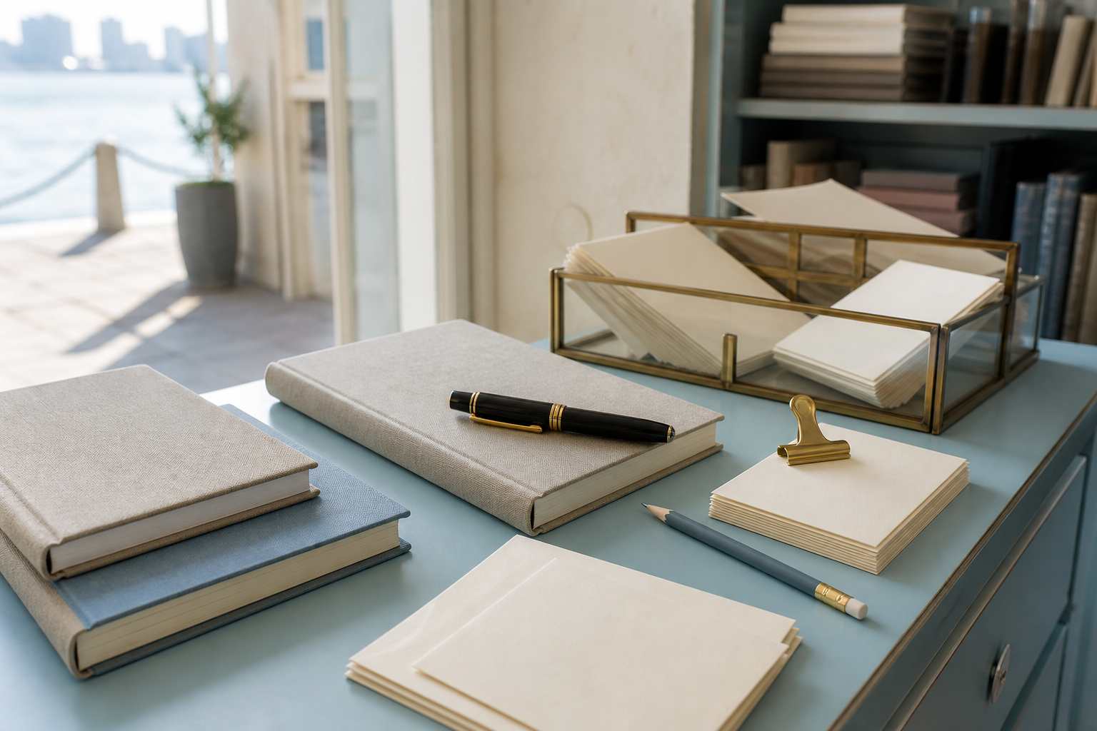 Notebooks, paper and a fountain pen arranged on a shop counter