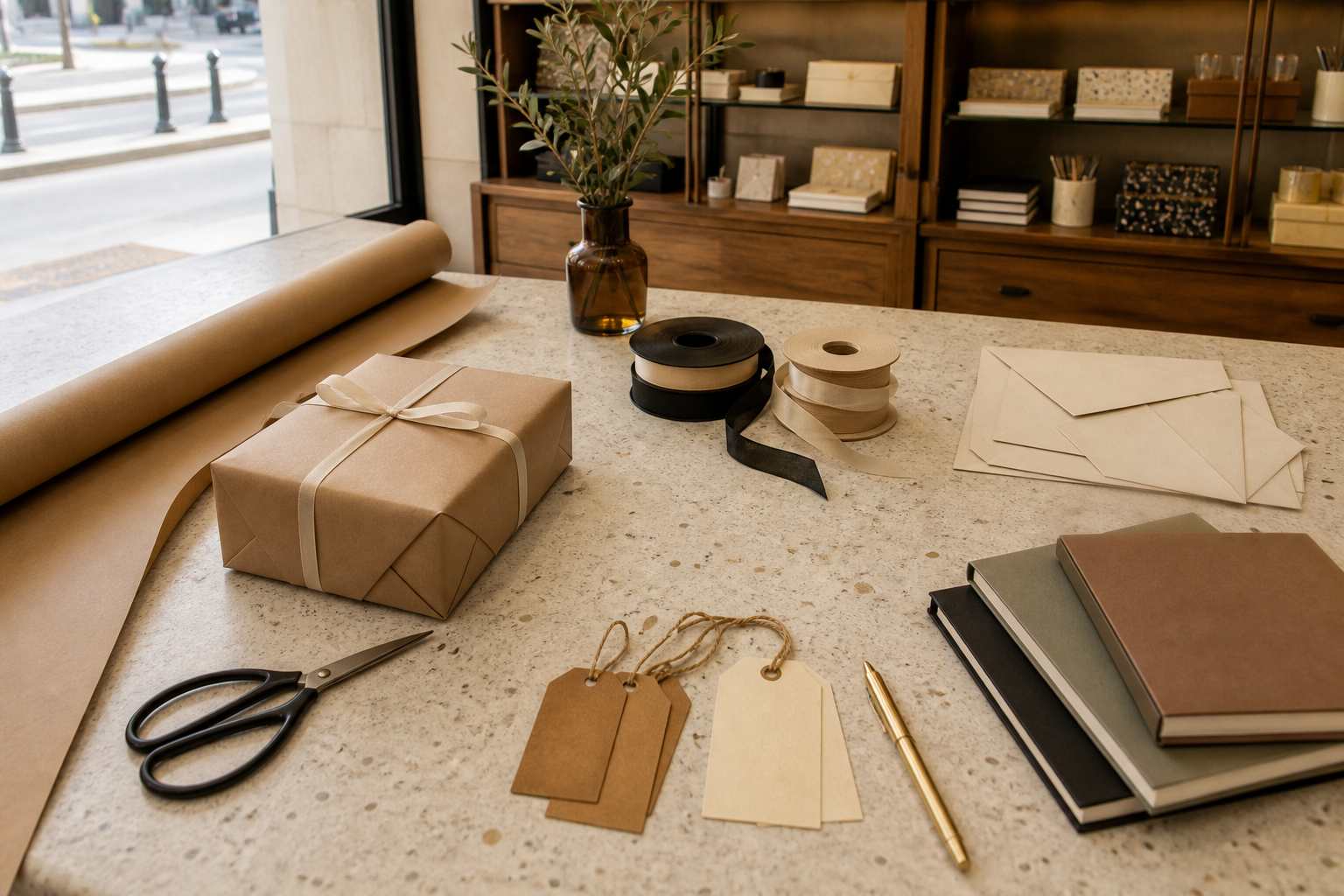 Gift wrapping details on a desk